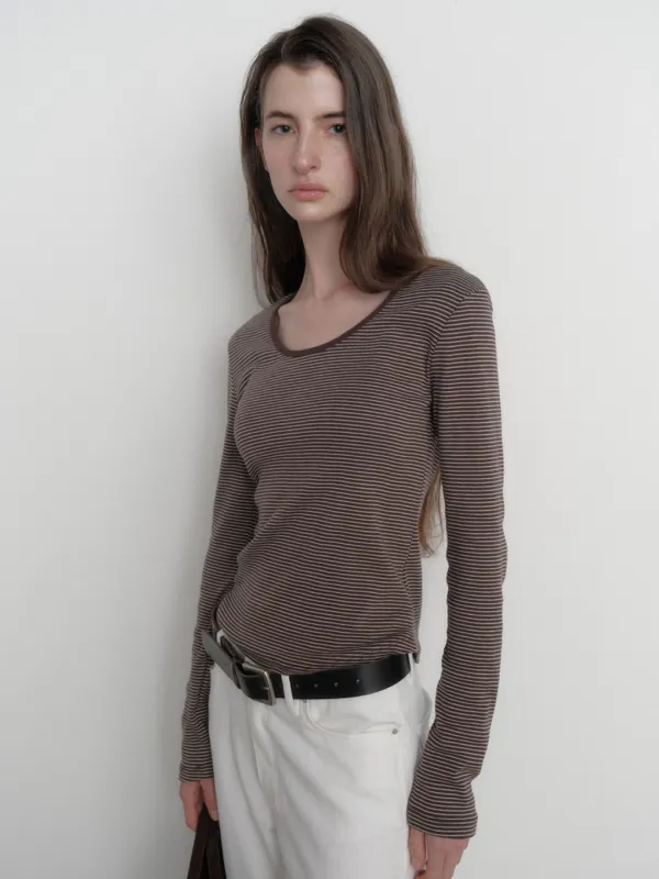 NORA BASIC U-NECK STRIPE T-SHIRT_BROWN