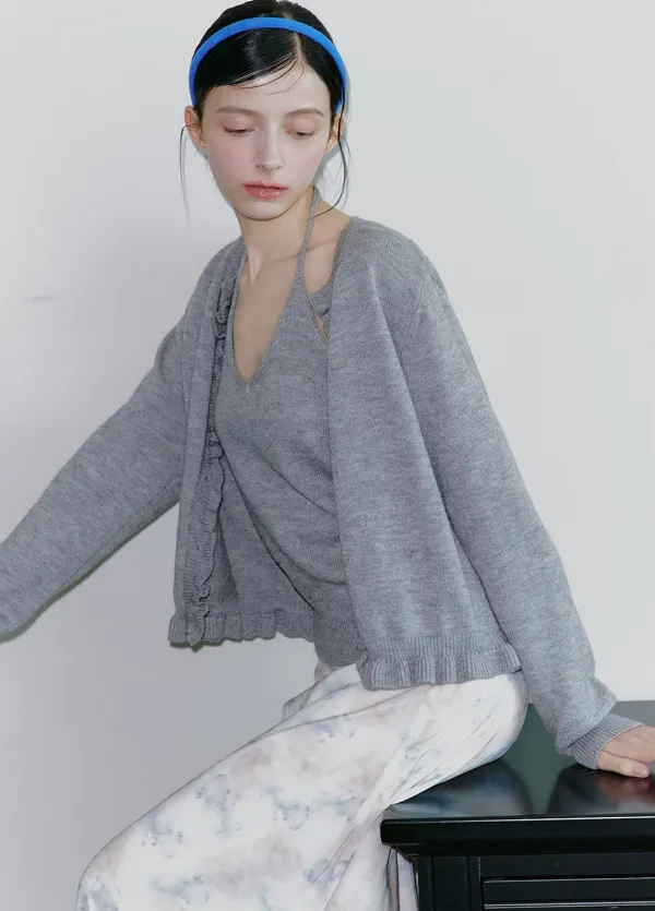 [44-120]  Rowdia Wool Frill Cardigan-Halterneck Sleeveless Setup  로우디아 울 프릴 가디건-홀터넥 슬리브리스 셋업 (가을-봄-데일리룩-데이트룩-출근룩-프릴가디건-러블리-홀터넥-긴팔가디건-울니트-여리핏-자체제작)