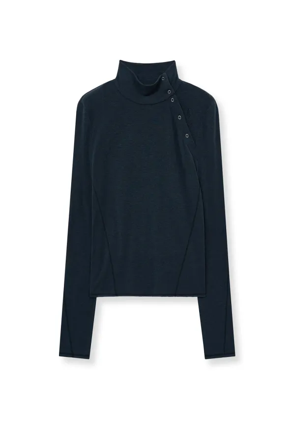 BUTTON SLIT HALF NECK TOP IN NAVY