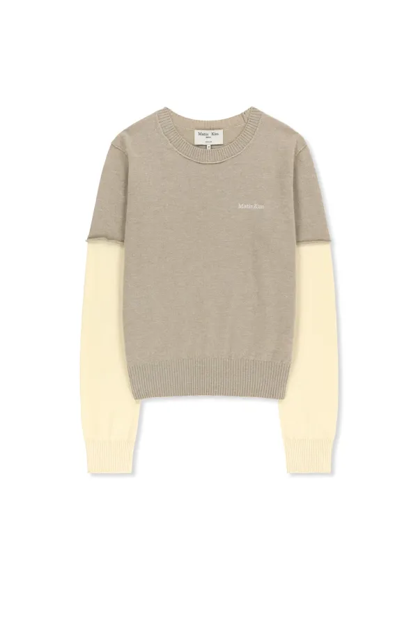 CASHMERE BLENDED TWO TONE KNIT PULLOVER IN BEIGE