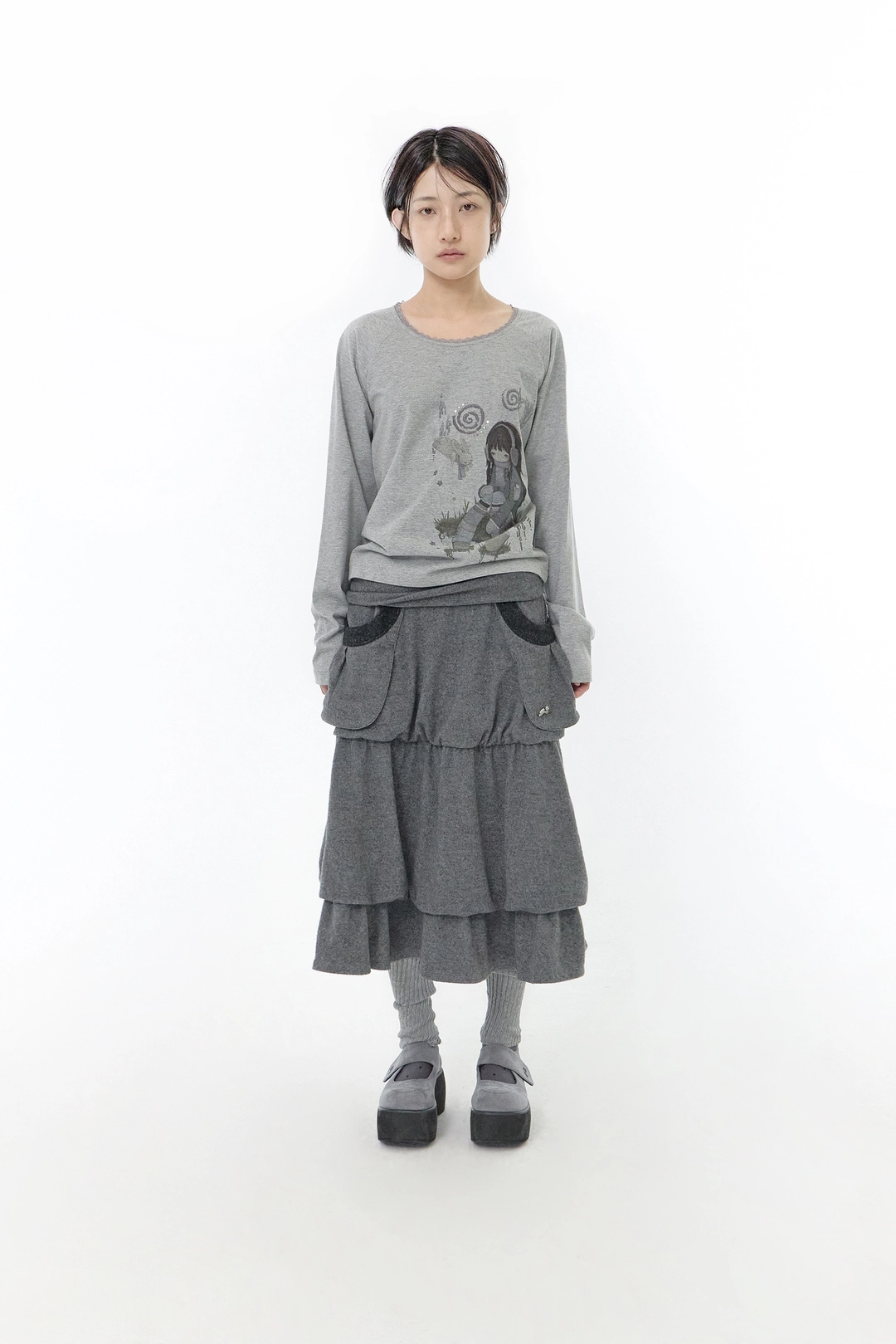 허그유어스킨 Big pocket flayered midi skirt (Charcoal) 상품 이미지 2