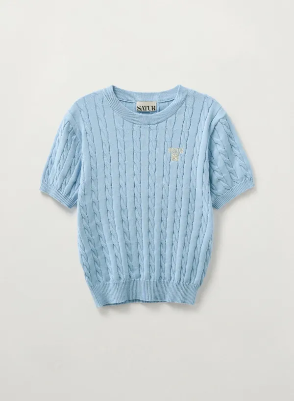 (W) Cable Crew Neck Half Knit - Sky Blue