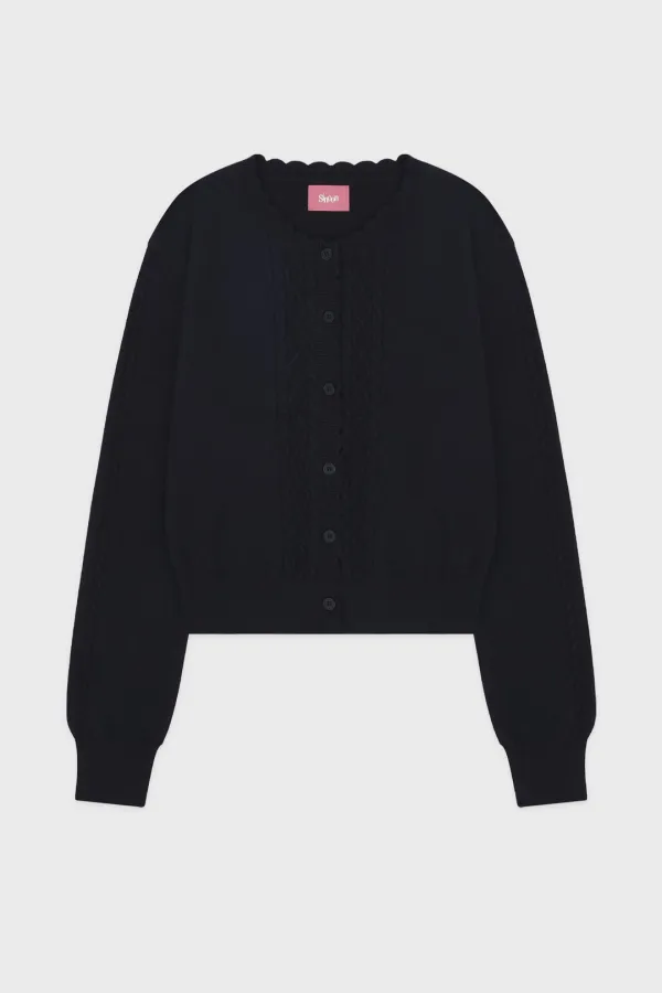 Mixed Cable Scallop Knit Cardigan (Navy)