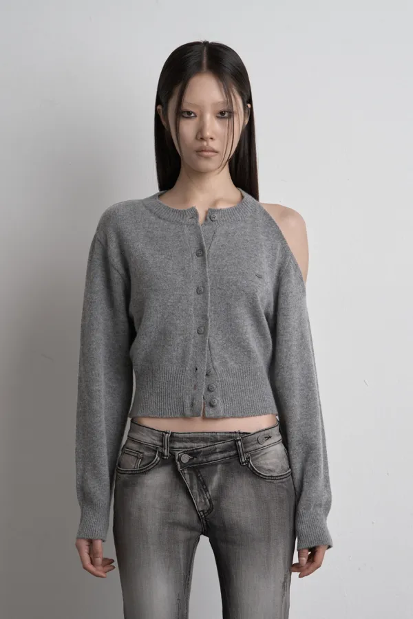 SHOULDER SLIT KNIT CARDIGAN GRAY