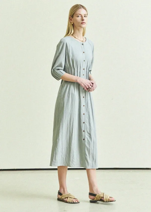 WAIST & SLEEVE  PINTUCK DRESS_GRAY BLUE