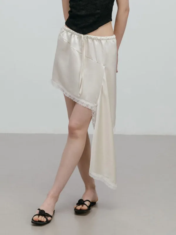 SATIN LACE UNBALANCED SKIRT / IVORY