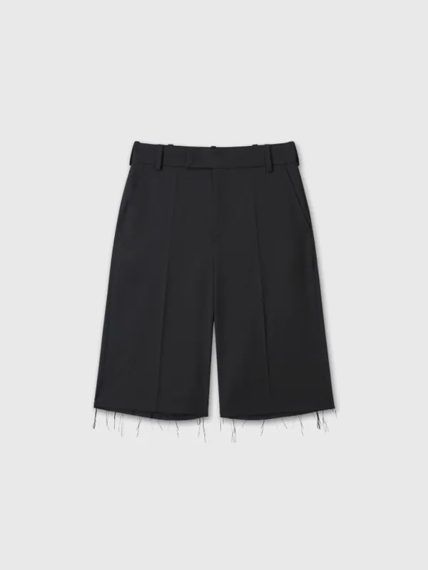 (W) RAW-CUT WOOL TAILORED BERMUDA SHORTS_ BLACK