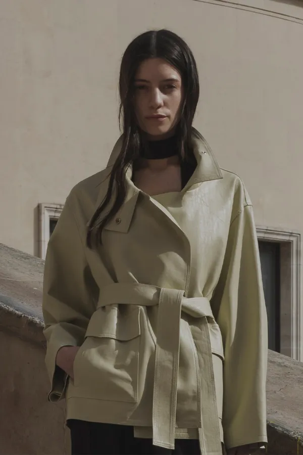 [3rd] FUNNEL NECK TIE WAIST VEGAN LEATHER JACKET VANILLA