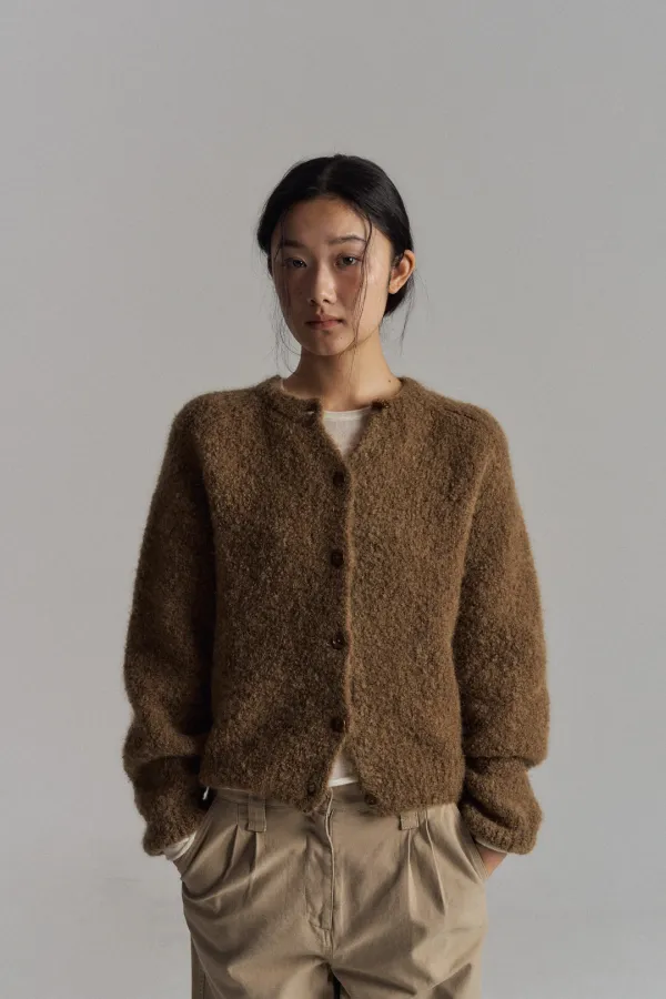 Bouclé Wool Knit Cardigan (Brown)