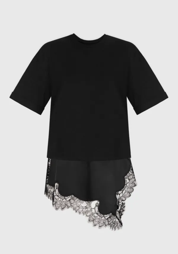 3rd) Leaf Unbalanced Lace T-shirt Black