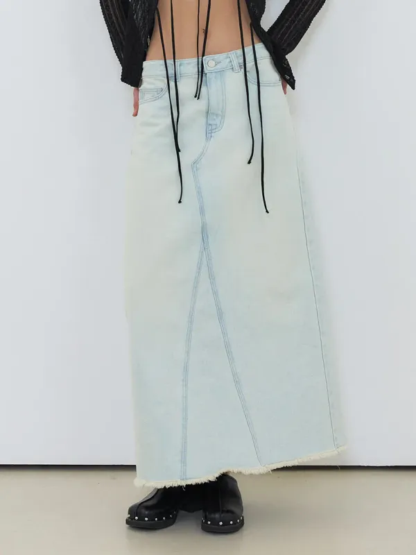 Washed Long Denim Skirt, Ice Blue