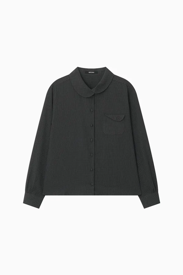 LAYERED COLLAR POCKET BLOUSE, CHARCOAL CHECK
