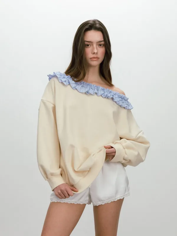 FRILL OFF SHOULDER SWEATSHIRT / BUTTER