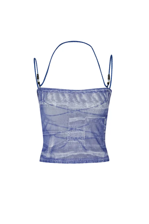 (REMIX) DENIM PRINT HALTER TOP BLUE_BLACK BALL