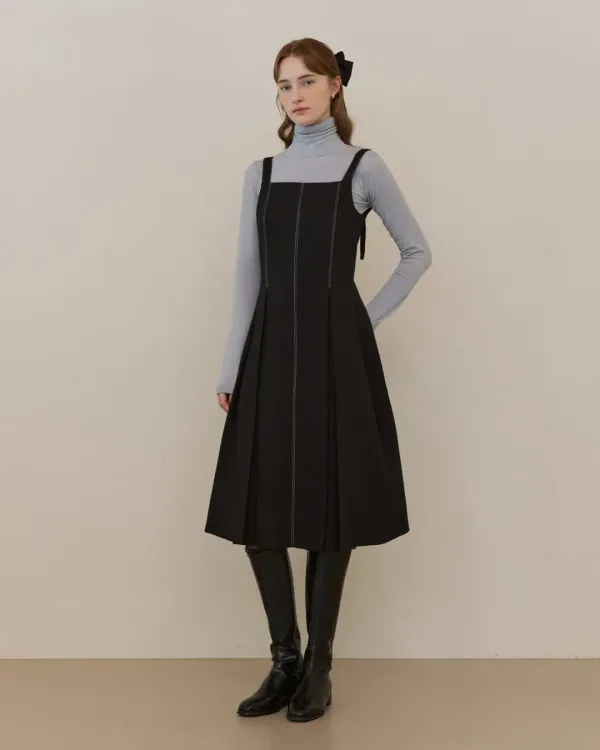 Stitch over all pintuck long dress - black