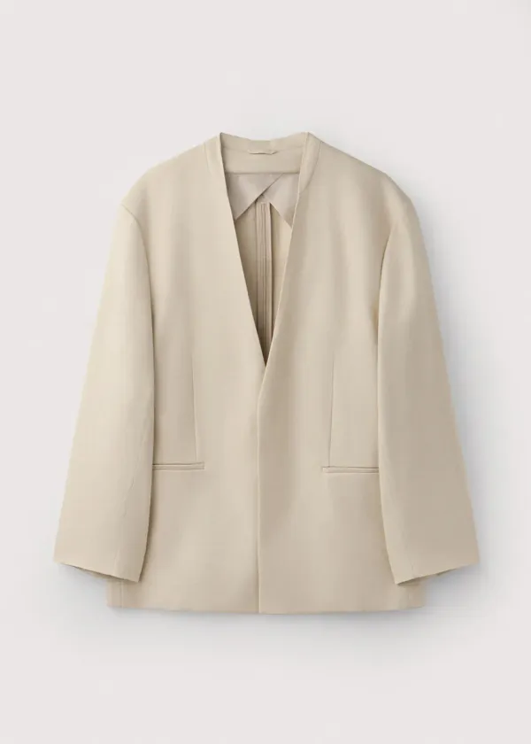 Zippered back collarless linen jacket_Natural