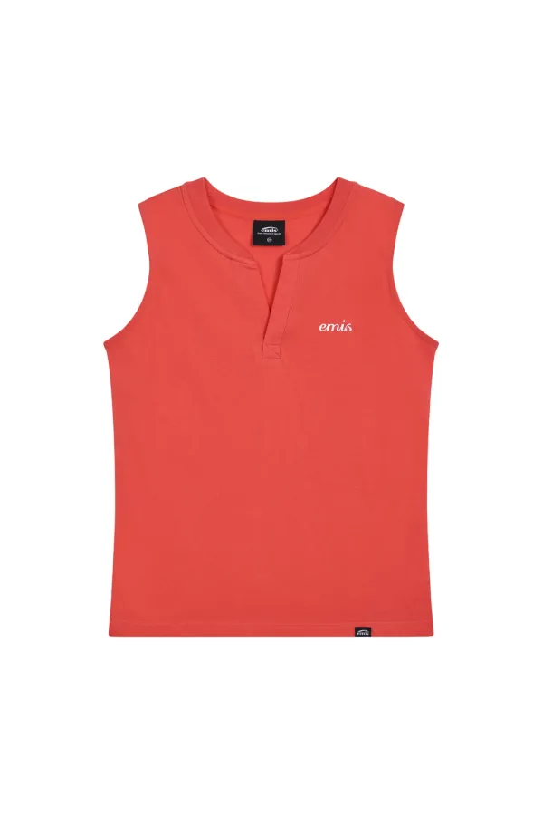 (W) HENLEY NECK SLEEVELESS TOP-RED