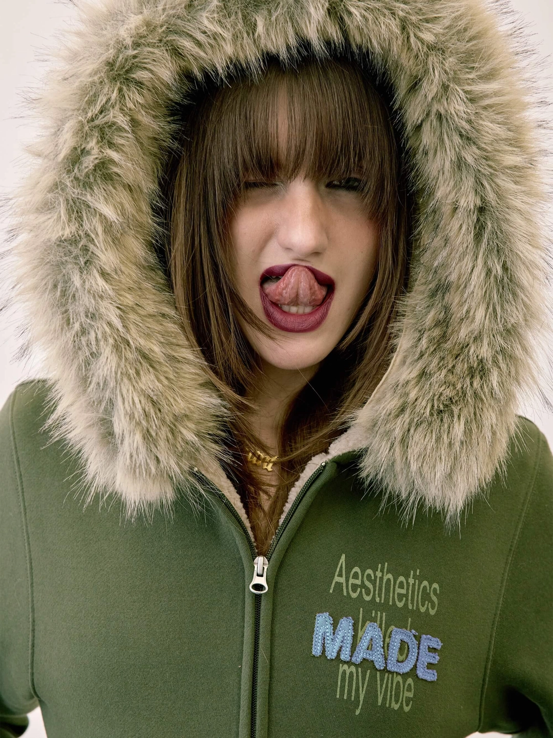 스컬프터 Applique Teddy Hooded Zip-Up Khaki 상품 이미지 1