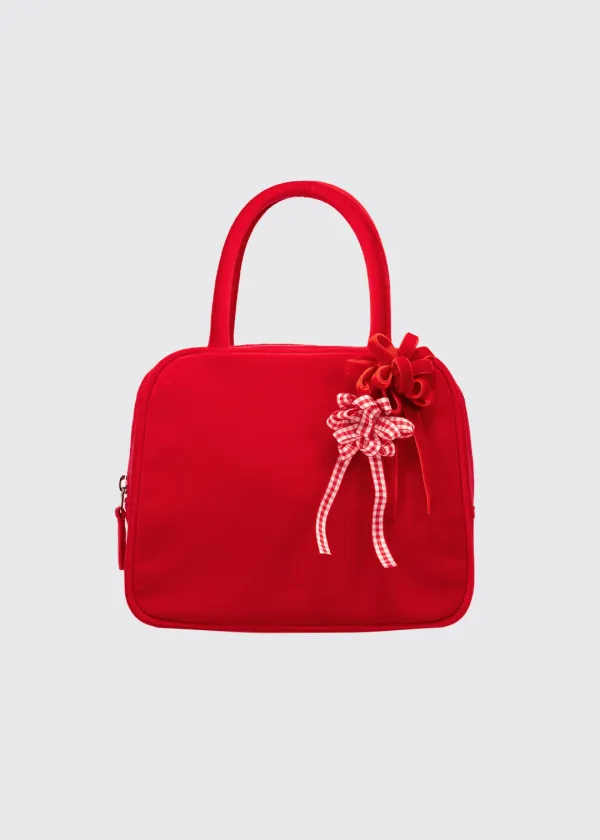 COTTON VELVET BROOCH HAND BAG - RED