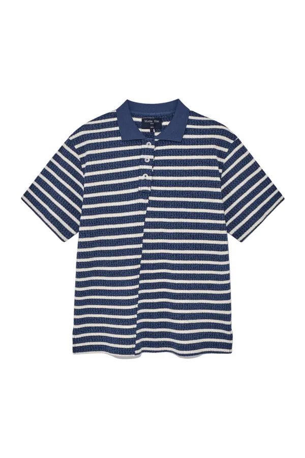 CUT LINE STRIPE PIQUE TOP FOR MEN IN SMOKE BLUE