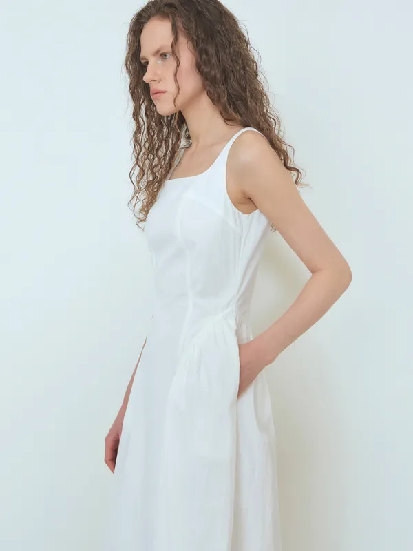 Volume Shirring Sleeveless Dress, Ivory