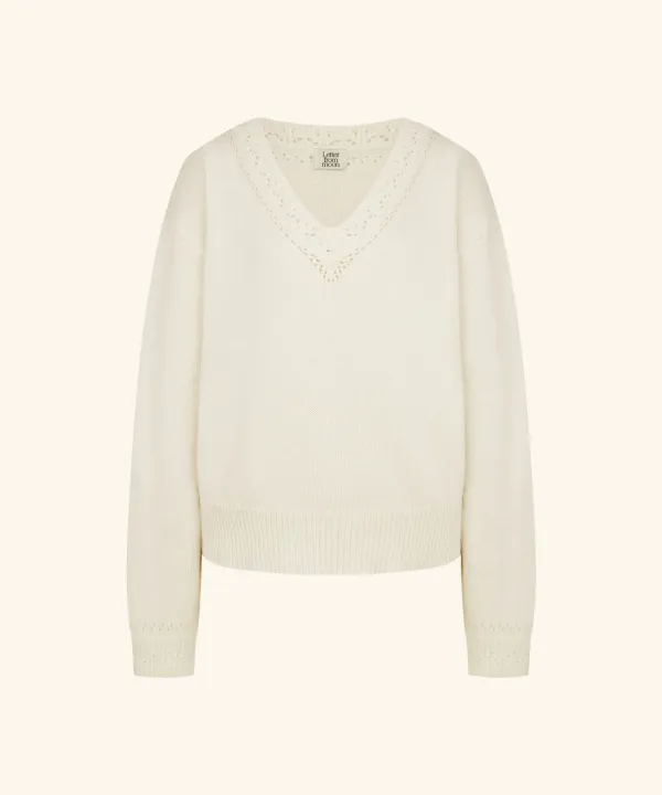 Punched V-Neck Cashmere Knit ( Ivory )