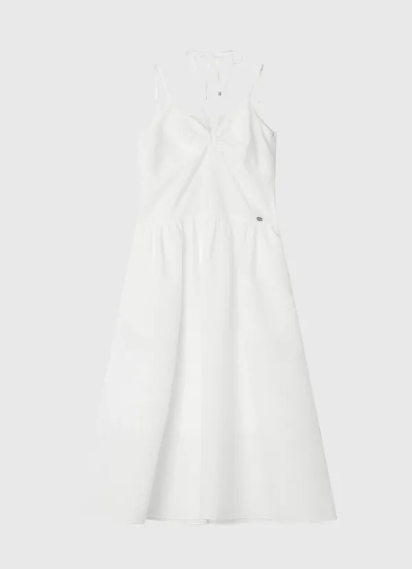 Front drawstring sleeveless long dress - white