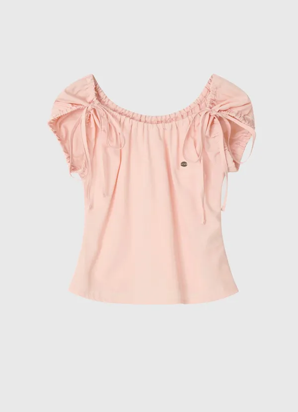 Shirring cap sleeve ribbon blouse - pink