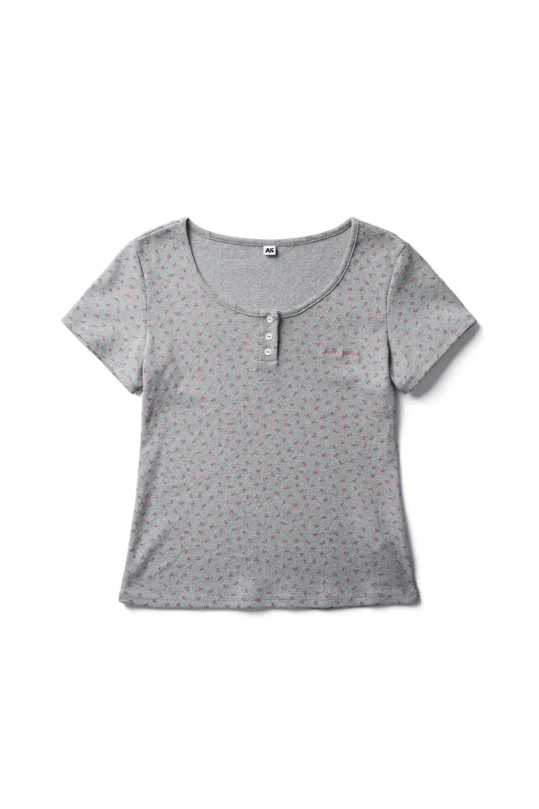 Flower Eyelet Button Down Tee Grey