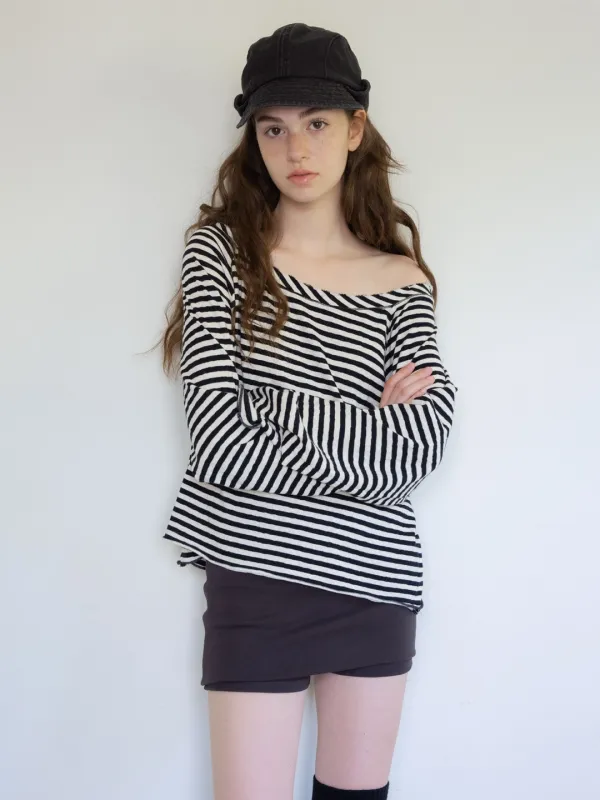vintage stripe off - shoulder tee (black)