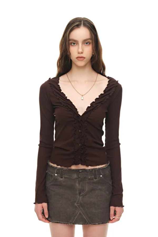 FRILL TRIM V-NECK CARDIGAN (BROWN)