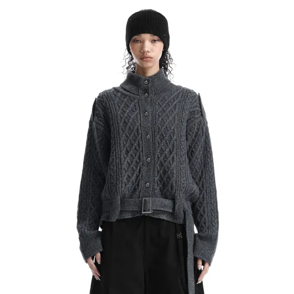 Belted Button Fisherman Knit Jacket [ Charcoal ]