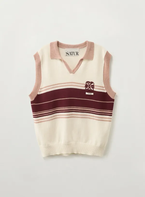 Open Collar Knit Vest - Cream