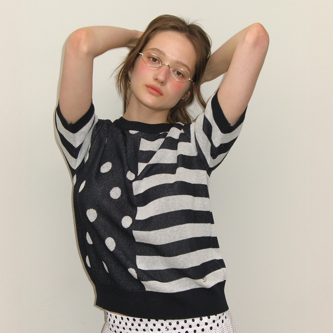 론론 DOT STRIPE MIX HALF KNIT NAVY 상품 이미지 2