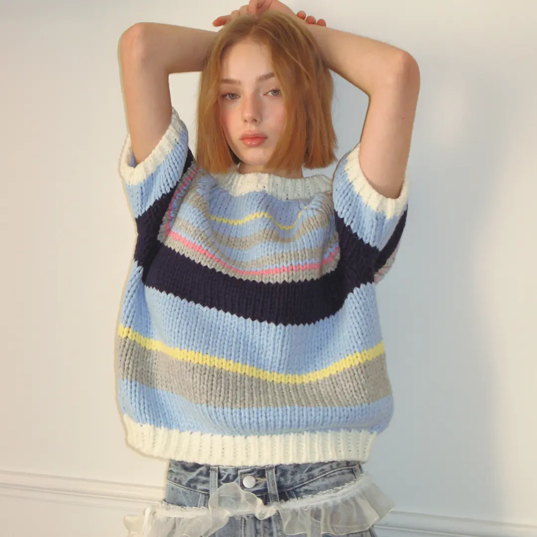 론론 MULTI STRIPE SHORT SLEEVE KNIT SOFT BLUE 상품 이미지 2
