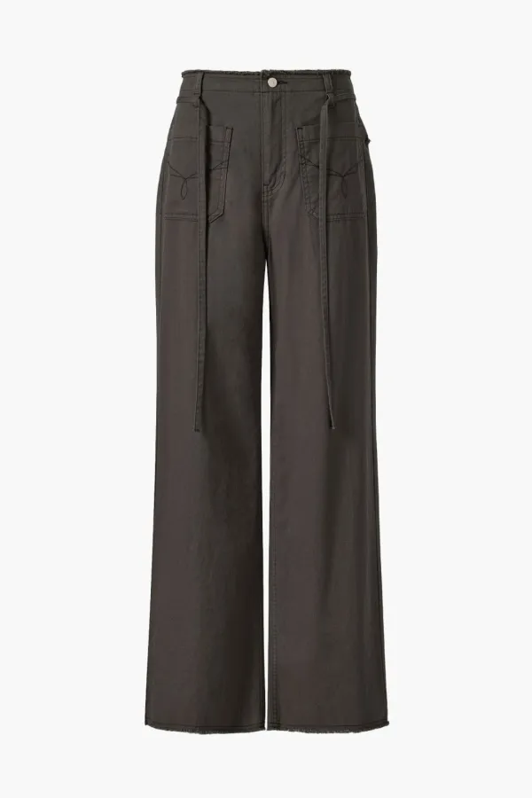 Frayed Embroidered Pocket Denim Pants, Charcoal