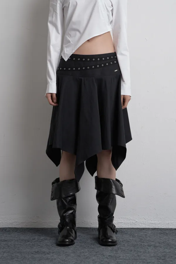 EYELET UNBALANCED MIDI SKIRT BLACK