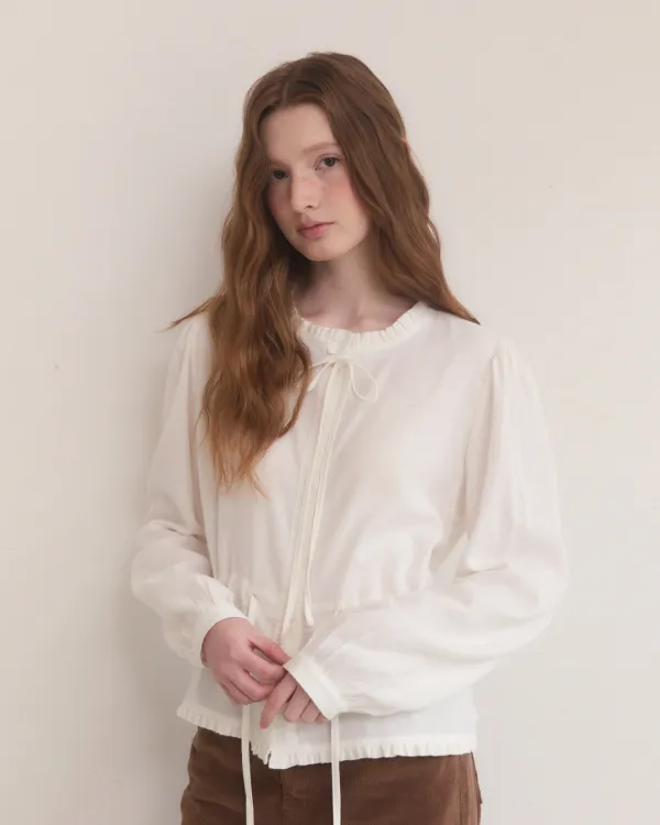 Frill warm texture ribbon blouse - white