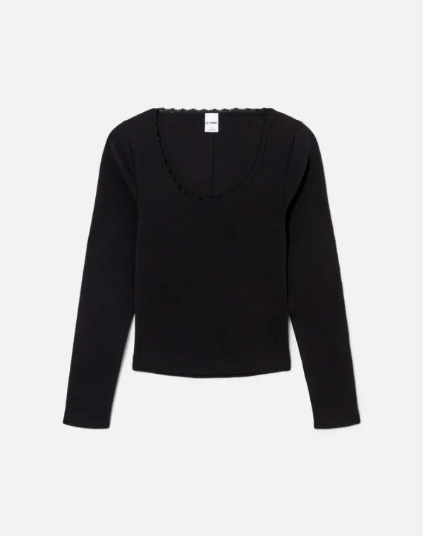 Lace Scoop Neck Long Sleeve - Black
