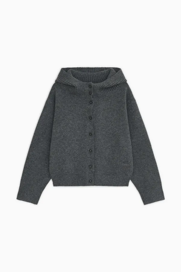 CROPPED HOODED HIGH NECK CARDIGAN, CHARCOAL