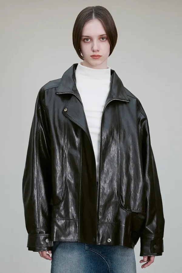 FUNNEL NECK VEGAN LEATHER JACKET