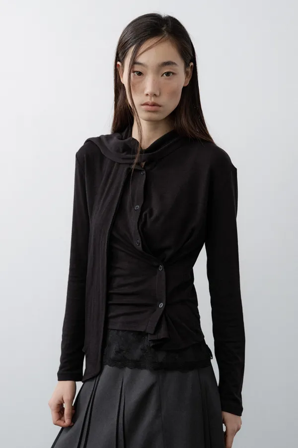Scarf Wrap Button Cardigan (Black)