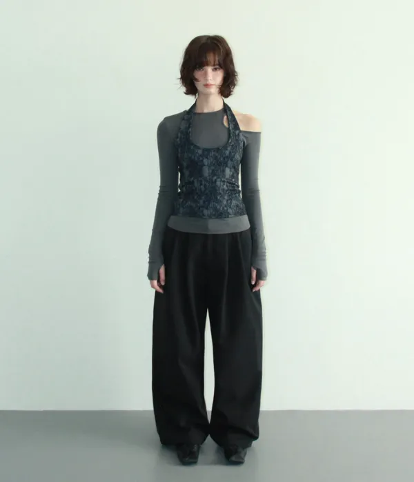 DOUBLE BELT PIN TUCK WIDE PANTS (WINTER BLACK)
