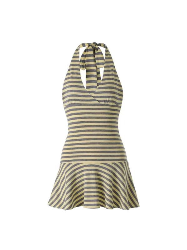 LOW BACK STRIPE HALTER DRESS_YELLOW