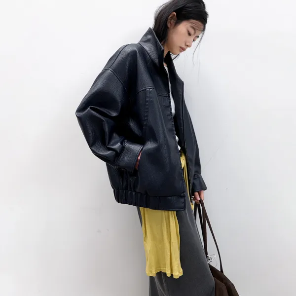 (JP-609)LEATHER HIGH NECK OVERSIZED JUMPER