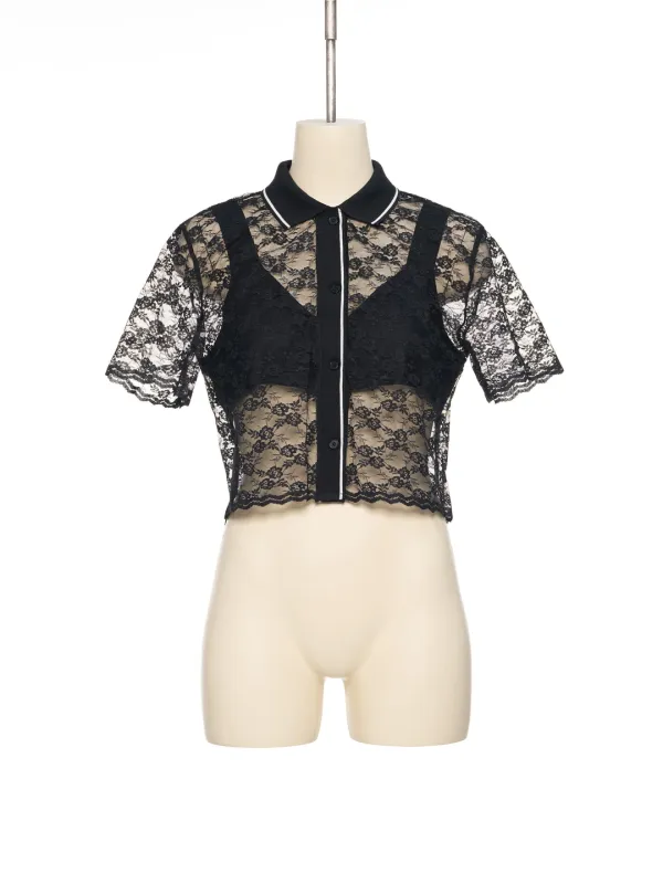 SS26 BLACK LACE CROPPED SHIRT
