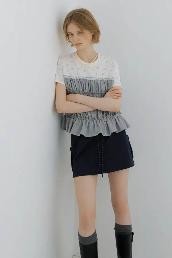 FLOWER SHIRRING T-SHIRT - IVORY