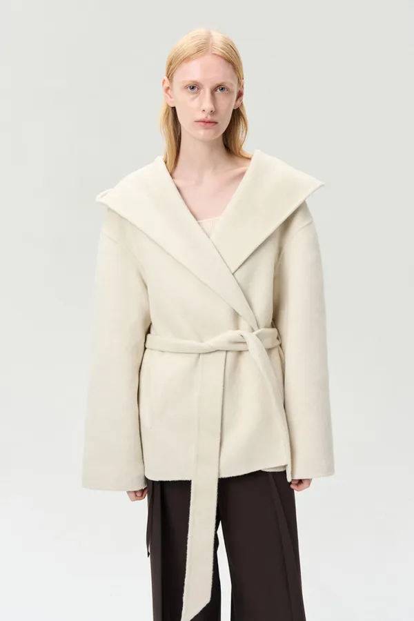 CASHMERE WOOL BLEND HOODED BELTED COAT IVORY