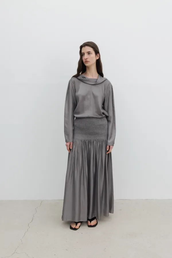 Draped Shirred Long Skirt (Ivory / Gray / Black)