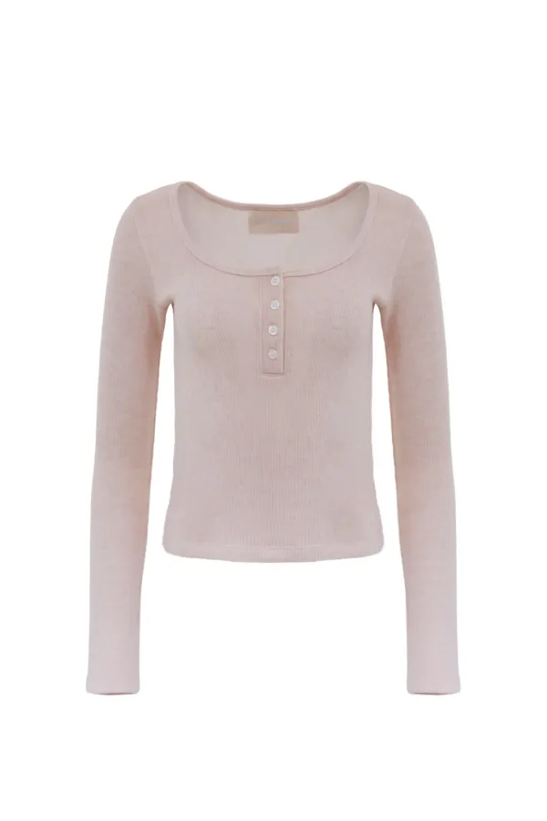 BUTTON MELANGE KNIT TOP PEACH